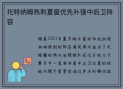 托特纳姆热刺夏窗优先补强中后卫阵容